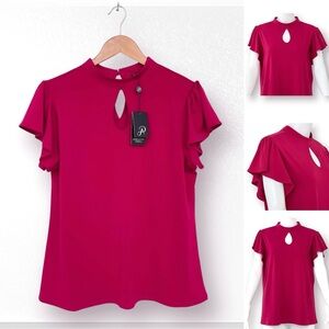 Adrianna Papell Crepe Blouse Choker Neck Keyhole Ruffle Short Sleeve Lightweight
